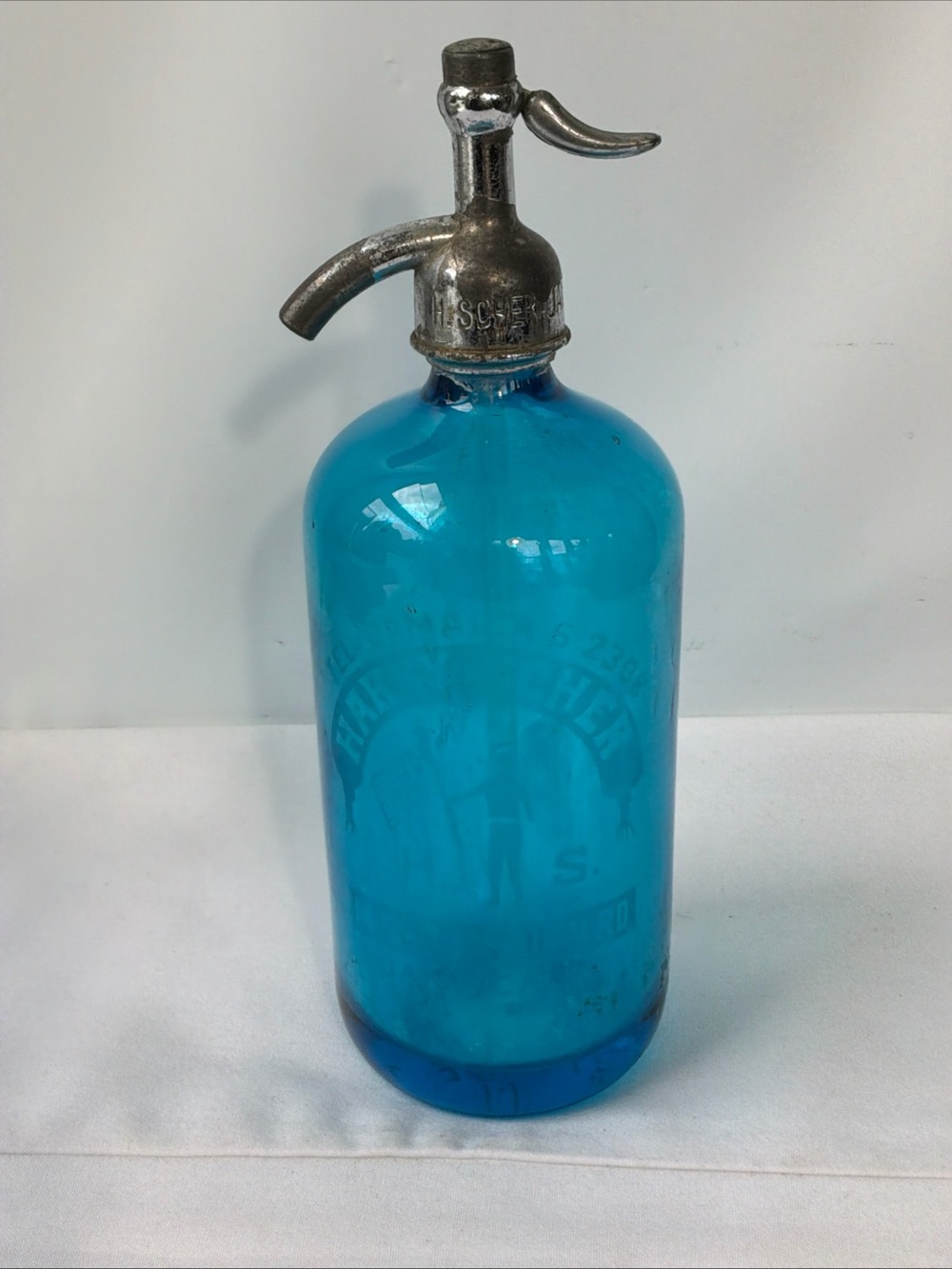 Blue Glass Soda Siphon Bottle with Metal Dispenser